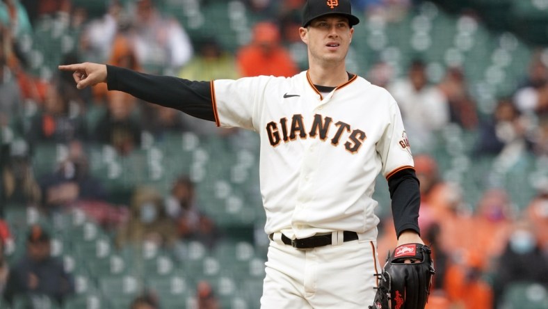 Apr 25, 2021; San Francisco, California, USA; San Francisco Giants relief pitcher Matt Wisler (37) gestures during the eighth inning against the Miami Marlins at Oracle Park. Mandatory Credit: Darren Yamashita-USA TODAY Sports