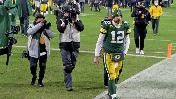 Green Bay Packers quarterback Aaron Rodgers (12) walks off the field fter the Green Bay Packers 31-26 loss to the Tampa Bay Buccaneers in the NFC Championship playoff game Sunday, Jan. 24, 2021 at Lambeau Field in Green Bay, Wis. - Photo by Mike De Sisti / Milwaukee Journal Sentinel via USA TODAY NETWORK ORG XMIT: DBY1Nickelcol01 P2