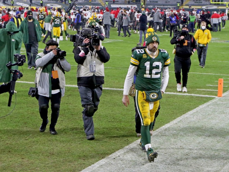 Green Bay Packers quarterback Aaron Rodgers (12) walks off the field fter the Green Bay Packers 31-26 loss to the Tampa Bay Buccaneers in the NFC Championship playoff game Sunday, Jan. 24, 2021 at Lambeau Field in Green Bay, Wis. - Photo by Mike De Sisti / Milwaukee Journal Sentinel via USA TODAY NETWORK ORG XMIT: DBY1Nickelcol01 P2