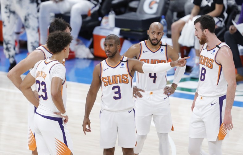 May 2, 2021; Oklahoma City, Oklahoma, USA; Phoenix Suns guard Chris Paul (3) talks to his team during a time out against the Oklahoma City Thunder in the second quarter at Chesapeake Energy Arena. Mandatory Credit: Alonzo Adams-USA TODAY Sports