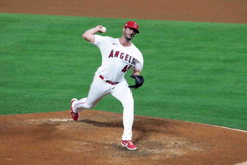 May 3, 2021; Anaheim, California, USA; Los Angeles Angels pitcher James Hoyt (49) delivers a pitch in the fourth inning against the Tampa Bay Rays  at Angel Stadium. Mandatory Credit: Kirby Lee-USA TODAY Sports