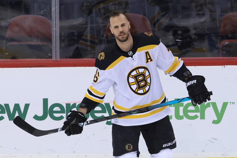 May 4, 2021; Newark, New Jersey, USA; Boston Bruins center David Krejci (46) during warm ups before the game against the New Jersey Devils at Prudential Center. Mandatory Credit: Vincent Carchietta-USA TODAY Sports