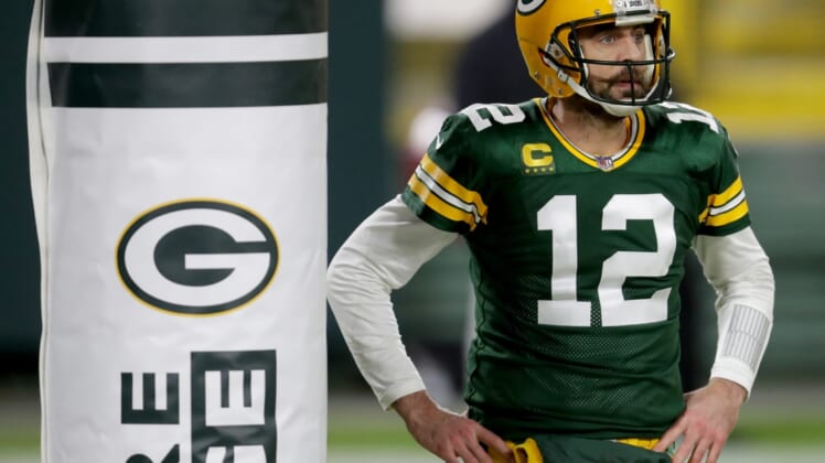 Green Bay Packers quarterback Aaron Rodgers (12) during the 3rd quarter of the Green Bay Packers 32-18 win over the Los Angeles Rams during the NFC divisional playoff game Saturday, Jan. 16, 2021, at Lambeau Field in Green Bay, Wis.

Packers Rams 04644