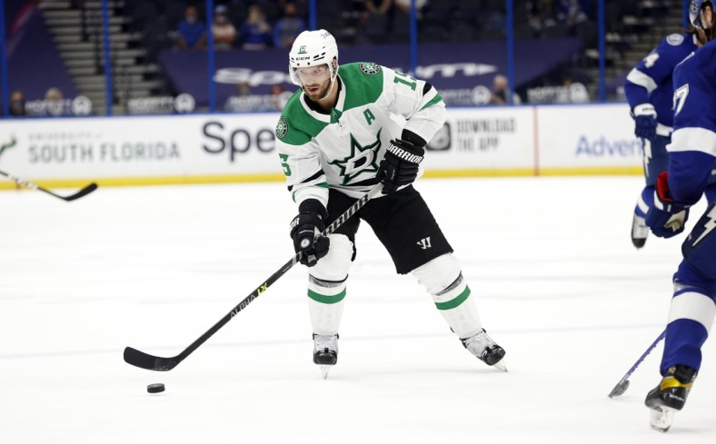 May 5, 2021; Tampa, Florida, USA; Dallas Stars left wing Blake Comeau (15) skates with the puck against the Tampa Bay Lightning during the second period at Amalie Arena. Mandatory Credit: Kim Klement-USA TODAY Sports