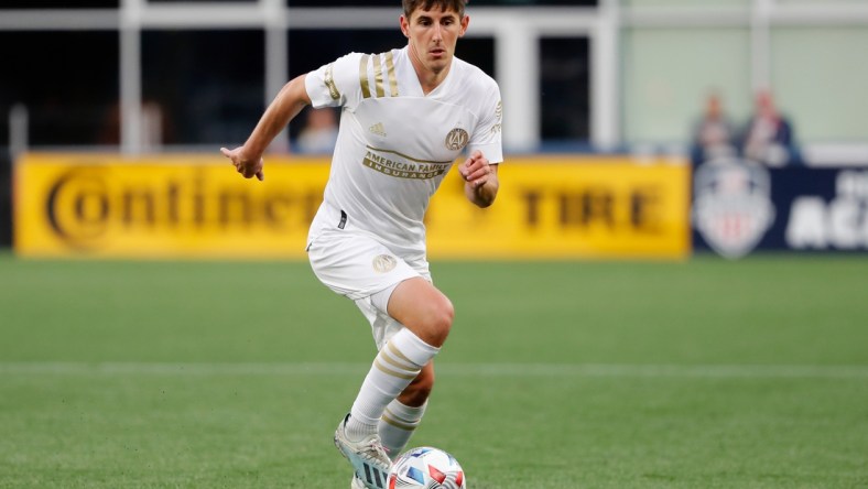 May 1, 2021; Foxborough, Massachusetts, USA; Atlanta United midfielder Emerson Hyndman (20) during the first half against the New England Revolution at Gillette Stadium. Mandatory Credit: Winslow Townson-USA TODAY Sports