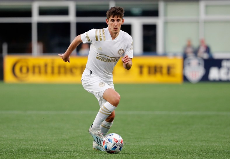 May 1, 2021; Foxborough, Massachusetts, USA; Atlanta United midfielder Emerson Hyndman (20) during the first half against the New England Revolution at Gillette Stadium. Mandatory Credit: Winslow Townson-USA TODAY Sports