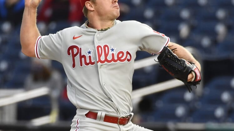 May 11, 2021; Washington, District of Columbia, USA; Philadelphia Phillies starting pitcher Chase Anderson (57) throws a pitch to the Washington Nationals during the first inning at Nationals Park. Mandatory Credit: Brad Mills-USA TODAY Sports