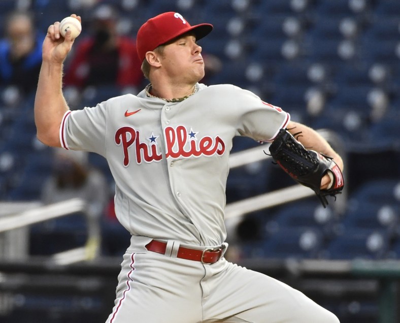 May 11, 2021; Washington, District of Columbia, USA; Philadelphia Phillies starting pitcher Chase Anderson (57) throws a pitch to the Washington Nationals during the first inning at Nationals Park. Mandatory Credit: Brad Mills-USA TODAY Sports