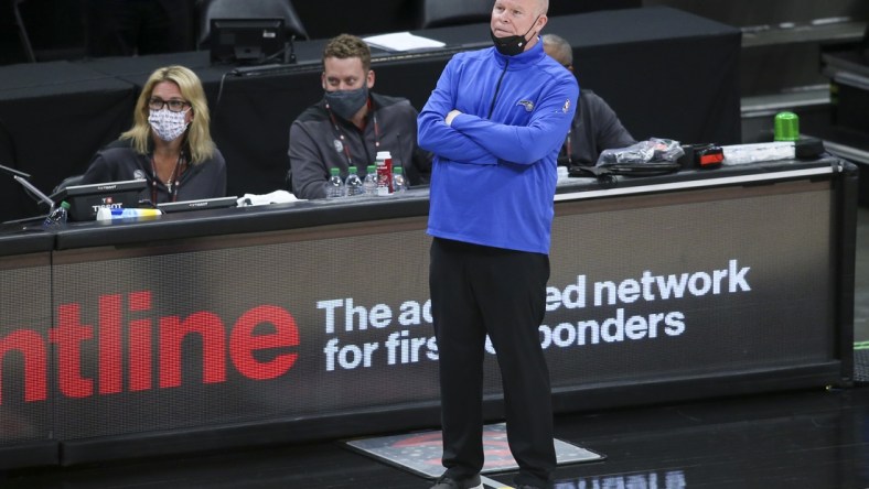 May 13, 2021; Atlanta, Georgia, USA; Orlando Magic head coach Steve Clifford looks on from the sideline against the Atlanta Hawks during the fourth quarter at State Farm Arena. Mandatory Credit: Brett Davis-USA TODAY Sports