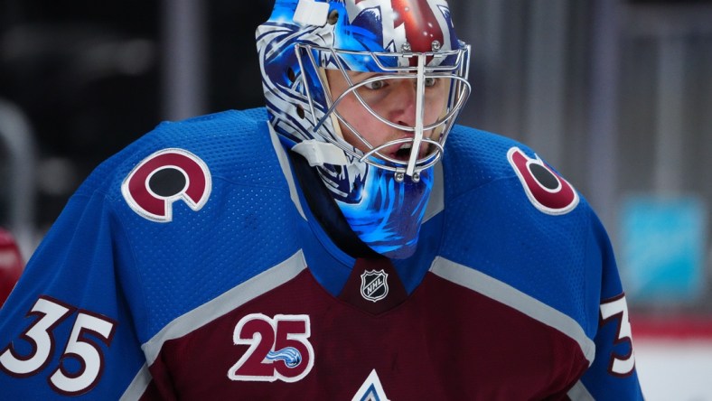 May 13, 2021; Denver, Colorado, USA; Colorado Avalanche goaltender Jonas Johansson (35) looks on during the second period against the Los Angeles Kings at Ball Arena. Mandatory Credit: Ron Chenoy-USA TODAY Sports