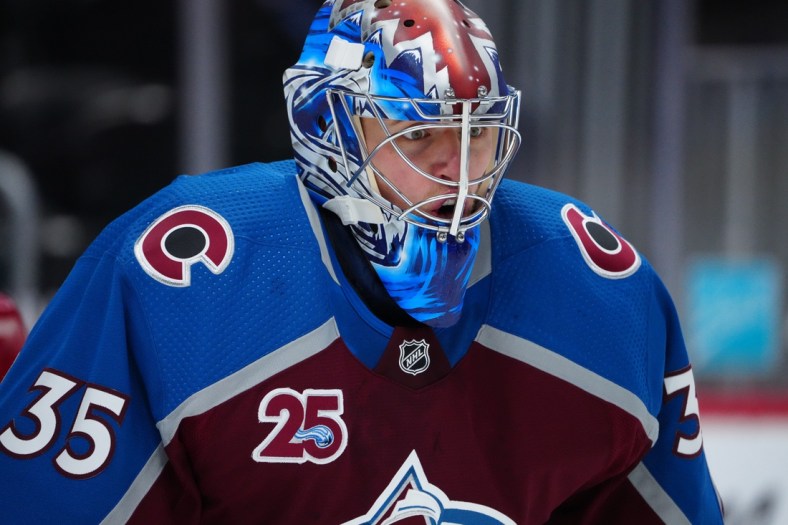 May 13, 2021; Denver, Colorado, USA; Colorado Avalanche goaltender Jonas Johansson (35) looks on during the second period against the Los Angeles Kings at Ball Arena. Mandatory Credit: Ron Chenoy-USA TODAY Sports