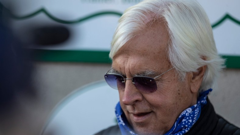 Medina Spirit's trainer Bob Baffert talks with the media during Kentucky Derby week. Medina Spirit tested positive for an abundance of an anti-inflammatory drug following the race. April 26, 2021

Af5i8224