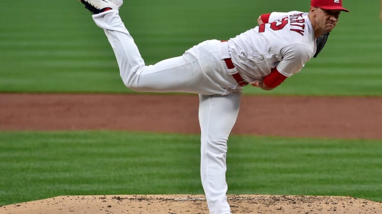 May 19, 2021; St. Louis, Missouri, USA;  St. Louis Cardinals starting pitcher Jack Flaherty (22) pitches during the second inning against the Pittsburgh Pirates at Busch Stadium. Mandatory Credit: Jeff Curry-USA TODAY Sports