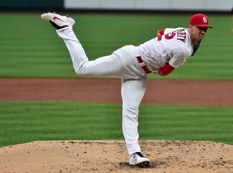 May 19, 2021; St. Louis, Missouri, USA;  St. Louis Cardinals starting pitcher Jack Flaherty (22) pitches during the second inning against the Pittsburgh Pirates at Busch Stadium. Mandatory Credit: Jeff Curry-USA TODAY Sports