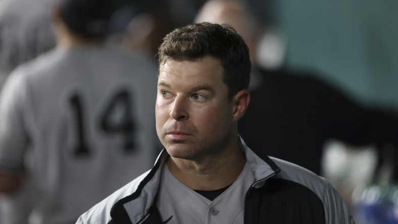 May 19, 2021; Arlington, Texas, USA; New York Yankees starting pitcher Corey Kluber (28) watches from the dugout during the game against the Texas Rangers at Globe Life Field. Mandatory Credit: Kevin Jairaj-USA TODAY Sports