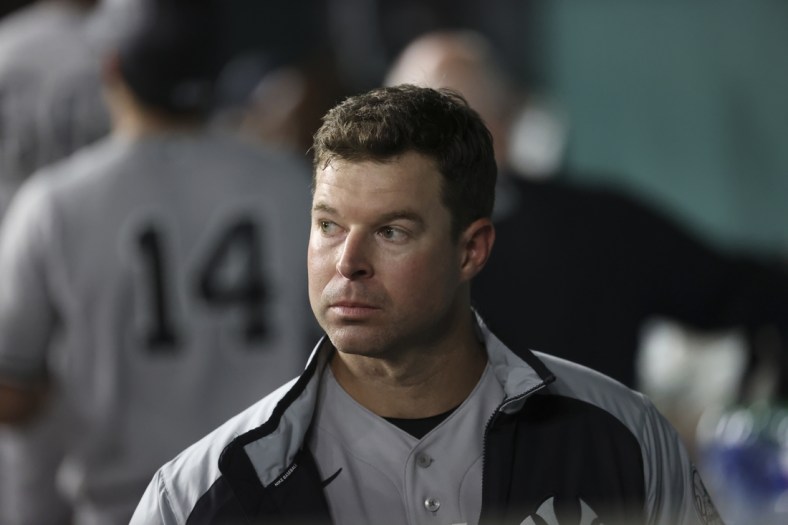 May 19, 2021; Arlington, Texas, USA; New York Yankees starting pitcher Corey Kluber (28) watches from the dugout during the game against the Texas Rangers at Globe Life Field. Mandatory Credit: Kevin Jairaj-USA TODAY Sports
