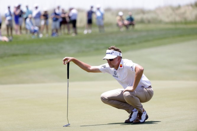 May 21, 2021; Kiawah Island, South Carolina, USA; Ian Poulter lines his putt on the fifteenth green during the second round of the PGA Championship golf tournament. Mandatory Credit: Geoff Burke-USA TODAY Sports