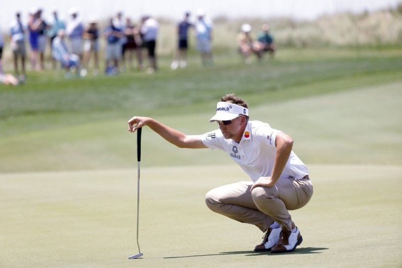 May 21, 2021; Kiawah Island, South Carolina, USA; Ian Poulter lines his putt on the fifteenth green during the second round of the PGA Championship golf tournament. Mandatory Credit: Geoff Burke-USA TODAY Sports