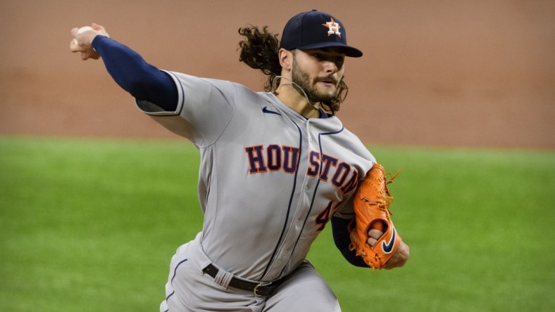 May 22, 2021; Arlington, Texas, USA; Houston Astros starting pitcher Lance McCullers Jr. (43) pitches against the Texas Rangers during the first inning at Globe Life Field. Mandatory Credit: Jerome Miron-USA TODAY Sports