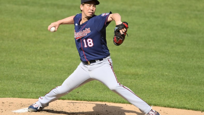 May 22, 2021; Cleveland, Ohio, USA; Minnesota Twins starting pitcher Kenta Maeda (18) delivers in the second inning against the Cleveland Indians at Progressive Field. Mandatory Credit: David Richard-USA TODAY Sports