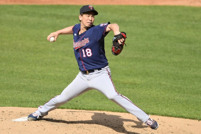 May 22, 2021; Cleveland, Ohio, USA; Minnesota Twins starting pitcher Kenta Maeda (18) delivers in the second inning against the Cleveland Indians at Progressive Field. Mandatory Credit: David Richard-USA TODAY Sports
