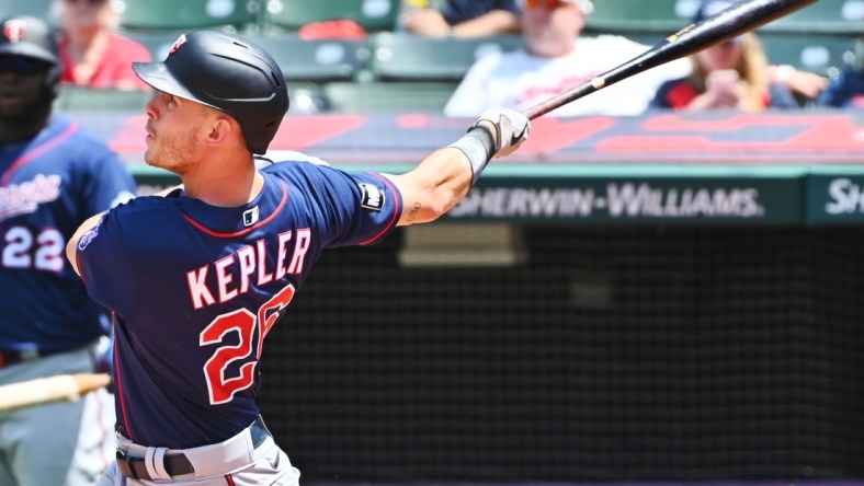 May 23, 2021; Cleveland, Ohio, USA; Minnesota Twins right fielder Max Kepler (26) hits a home run during the fourth inning against the Cleveland Indians at Progressive Field. Mandatory Credit: Ken Blaze-USA TODAY Sports