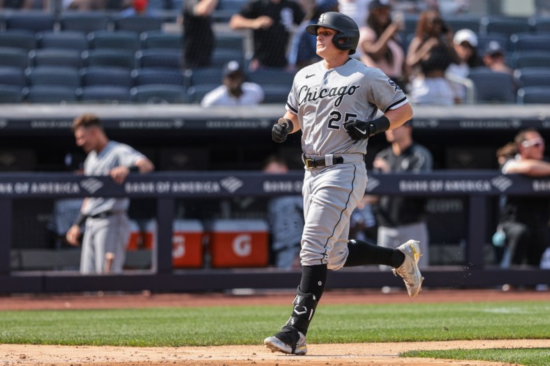 May 23, 2021; Bronx, New York, USA; Chicago White Sox first baseman Andrew Vaughn (25) scores after hitting a home run during the top of the ninth inning against the New York Yankees at Yankee Stadium. Mandatory Credit: Vincent Carchietta-USA TODAY Sports