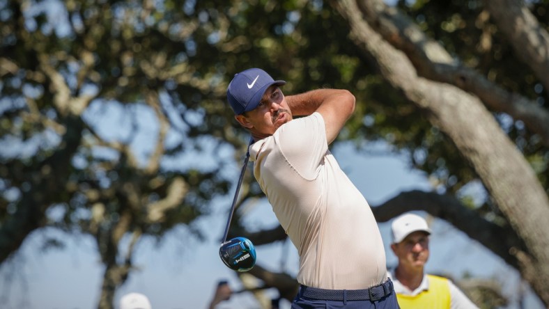 May 23, 2021; Kiawah Island, South Carolina, USA; Brooks Koepka hits from the tee during the final round of the PGA Championship golf tournament. Mandatory Credit: Geoff Burke-USA TODAY Sports