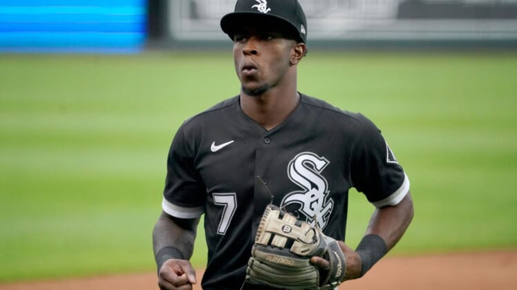 May 8, 2021; Kansas City, Missouri, USA; Chicago White Sox shortstop Tim Anderson (7) returns to the dugout during the game against the Kansas City Royals at Kauffman Stadium. Mandatory Credit: Denny Medley-USA TODAY Sports