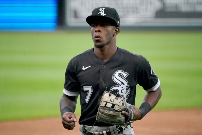 May 8, 2021; Kansas City, Missouri, USA; Chicago White Sox shortstop Tim Anderson (7) returns to the dugout during the game against the Kansas City Royals at Kauffman Stadium. Mandatory Credit: Denny Medley-USA TODAY Sports