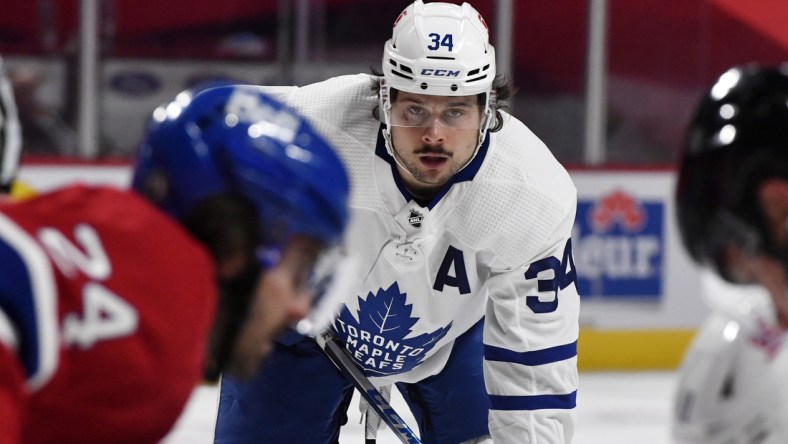 May 24, 2021; Montreal, Quebec, CAN;Toronto Maple Leafs forward Auston Matthews (34) prepares for a face off against the Montreal Canadiens during the first period in game three of the first round of the 2021 Stanley Cup Playoffs at the Bell Centre. Mandatory Credit: Eric Bolte-USA TODAY Sports