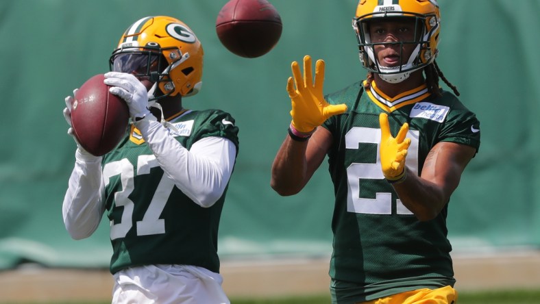 May 25, 2020; Green Bay, WI, USA; Green Bay Packers cornerback Josh Jackson (37) and cornerback Eric Stokes (21) during the second day of organized team activities. Mandatory Credit: Mark Hoffman/Milwaukee Journal Sentinel-USA TODAY NETWORK