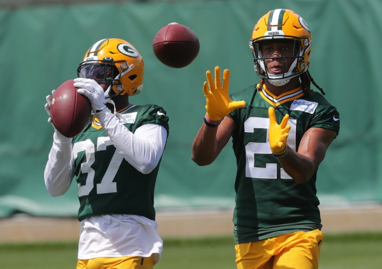 May 25, 2020; Green Bay, WI, USA; Green Bay Packers cornerback Josh Jackson (37) and cornerback Eric Stokes (21) during the second day of organized team activities. Mandatory Credit: Mark Hoffman/Milwaukee Journal Sentinel-USA TODAY NETWORK