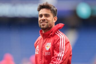 May 29, 2021; Harrison, New Jersey, USA; New York Red Bulls forward Brian White (42) warms up against the Orlando City SC before a match at Red Bull Arena. Mandatory Credit: Vincent Carchietta-USA TODAY Sports