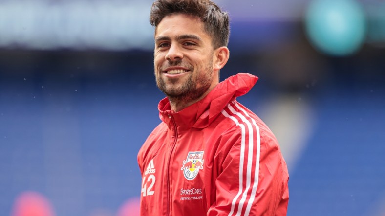 May 29, 2021; Harrison, New Jersey, USA; New York Red Bulls forward Brian White (42) warms up against the Orlando City SC before a match at Red Bull Arena. Mandatory Credit: Vincent Carchietta-USA TODAY Sports