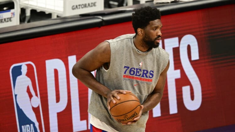 May 31, 2021; Washington, District of Columbia, USA; Philadelphia 76ers center Joel Embiid (21) warms up before the game four against the Washington Wizards in the first round of the 2021 NBA Playoffs. at Capital One Arena. Mandatory Credit: Tommy Gilligan-USA TODAY Sports