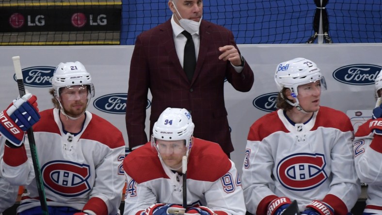 May 31, 2021; Toronto, Ontario, CAN; Montreal Canadiens head coach Dominique Ducharme watches play against the Toronto Maple Leafs in game seven of the first round of the 2021 Stanley Cup Playoffs at Scotiabank Arena. Mandatory Credit: Dan Hamilton-USA TODAY Sports