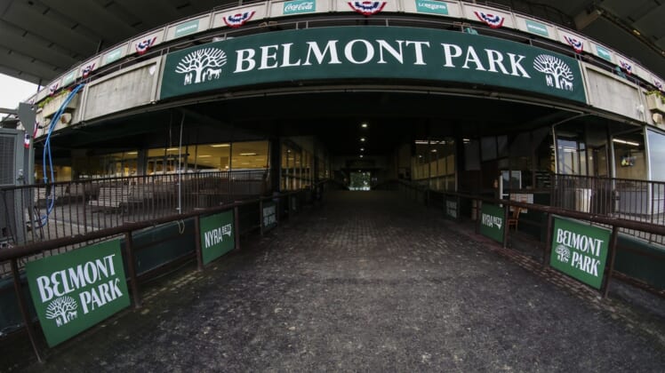 Jun 1, 2021; Elmont, New York, USA;  The paddock prior to the Tuesday morning workouts at Belmont Park. Mandatory Credit: Wendell Cruz-USA TODAY Sports