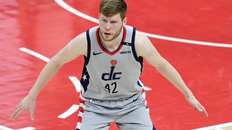 May 31, 2021; Washington, District of Columbia, USA; Washington Wizards forward Davis Bertans (42) during game four in the first round of the 2021 NBA Playoffs against the Philadelphia 76ers at Capital One Arena. Mandatory Credit: Tommy Gilligan-USA TODAY Sports