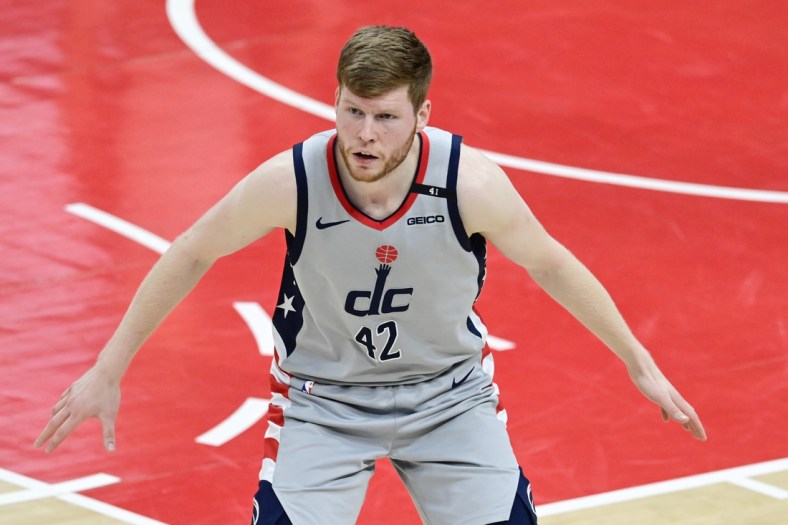 May 31, 2021; Washington, District of Columbia, USA; Washington Wizards forward Davis Bertans (42) during game four in the first round of the 2021 NBA Playoffs against the Philadelphia 76ers at Capital One Arena. Mandatory Credit: Tommy Gilligan-USA TODAY Sports