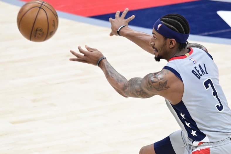 May 31, 2021; Washington, District of Columbia, USA; Washington Wizards guard Bradley Beal (3) passes during game four in the first round of the 2021 NBA Playoffs against the Philadelphia 76ers . at Capital One Arena. Mandatory Credit: Tommy Gilligan-USA TODAY Sports