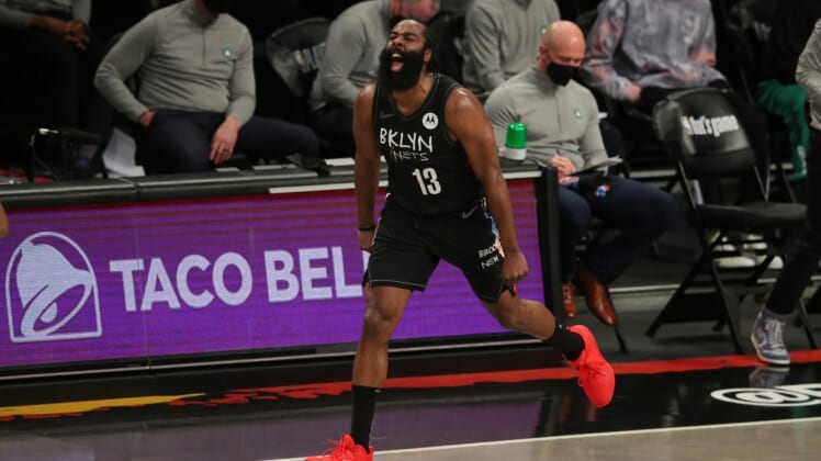 Jun 1, 2021; Brooklyn, New York, USA; Brooklyn Nets shooting guard James Harden (13) reacts after a basket against the Boston Celtics during the second quarter of game five of the first round of the 2021 NBA Playoffs at Barclays Center. Mandatory Credit: Brad Penner-USA TODAY Sports