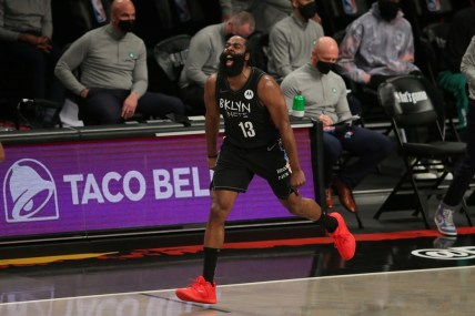 Jun 1, 2021; Brooklyn, New York, USA; Brooklyn Nets shooting guard James Harden (13) reacts after a basket against the Boston Celtics during the second quarter of game five of the first round of the 2021 NBA Playoffs at Barclays Center. Mandatory Credit: Brad Penner-USA TODAY Sports