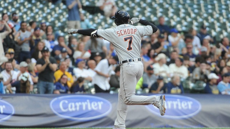 Jun 1, 2021; Milwaukee, Wisconsin, USA; Detroit Tigers second baseman Jonathan Schoop (7) celebrates his home in the second inning against the Milwaukee Brewers at American Family Field. Mandatory Credit: Michael McLoone-USA TODAY Sports