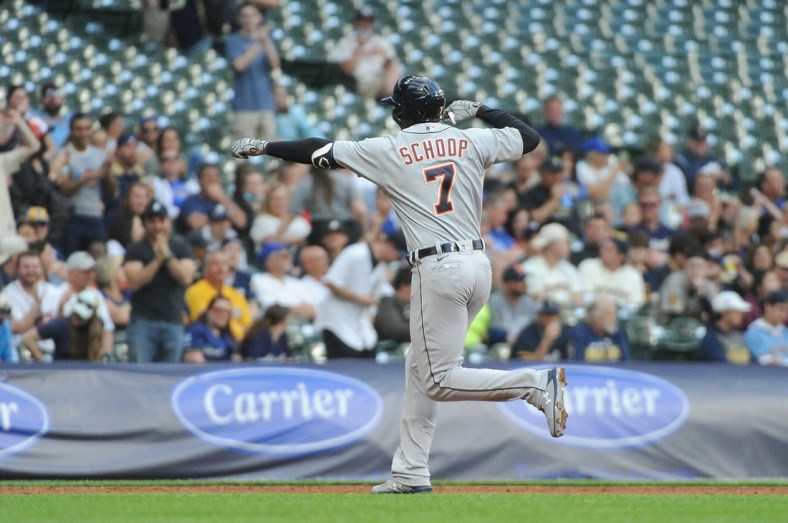 Jun 1, 2021; Milwaukee, Wisconsin, USA; Detroit Tigers second baseman Jonathan Schoop (7) celebrates his home in the second inning against the Milwaukee Brewers at American Family Field. Mandatory Credit: Michael McLoone-USA TODAY Sports