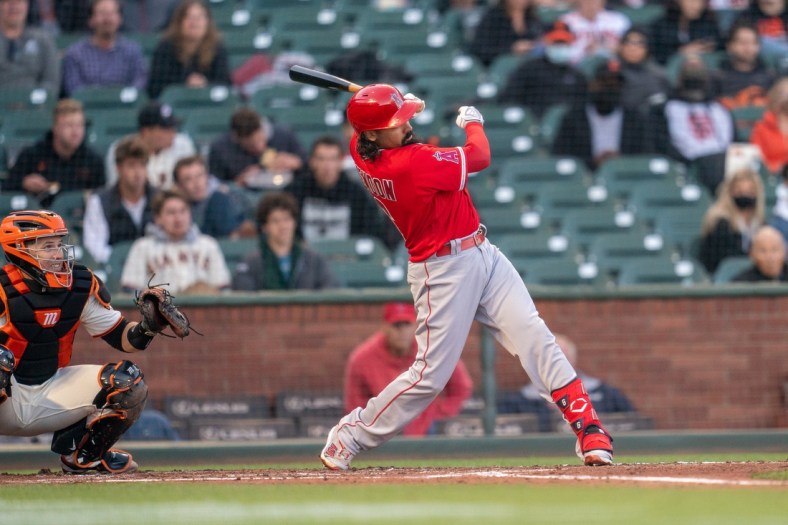 Jun 1, 2021; San Francisco, California, USA; Los Angeles Angels third baseman Anthony Rendon (6) hits a two run RBI single during the third inning against the San Francisco Giants at Oracle Park. Mandatory Credit: Neville E. Guard-USA TODAY Sports
