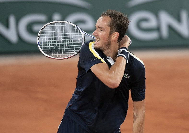 Jun 2, 2021; Paris, France;  Daniil Medvedev (RUS) in action during his match against Tommy Paul (USA) on day four of the French Open at Stade Roland Garros. Mandatory Credit: Susan Mullane-USA TODAY Sports