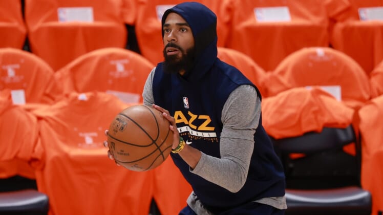 Jun 2, 2021; Salt Lake City, Utah, USA; Utah Jazz guard Mike Conley (10) practices shooting the ball before the game against the Memphis Grizzlies in game five of the first round of the 2021 NBA Playoffs at Vivint Arena. Mandatory Credit: Chris Nicoll-USA TODAY Sports