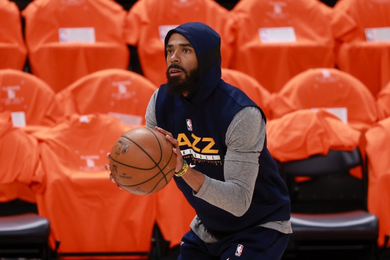 Jun 2, 2021; Salt Lake City, Utah, USA; Utah Jazz guard Mike Conley (10) practices shooting the ball before the game against the Memphis Grizzlies in game five of the first round of the 2021 NBA Playoffs at Vivint Arena. Mandatory Credit: Chris Nicoll-USA TODAY Sports