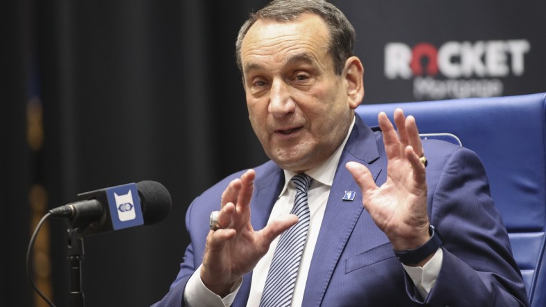 Jun 3, 2021; Durham, NC, USA; Duke Blue Devils basketball head coach Mike Krzyzewski answers a question at a press conference at Cameron Indoor Stadium announcing his plan to retire after the 2021-22 season. Mandatory Credit: Nell Redmond-USA TODAY Sports